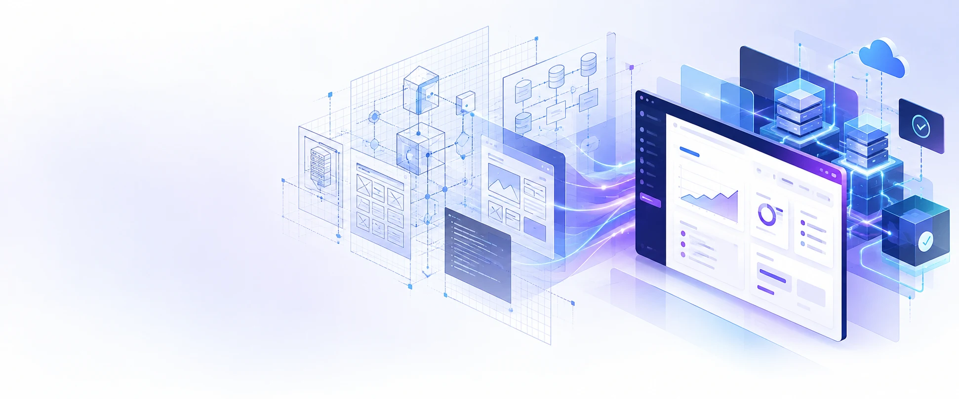 Software architecture illustration showing application interfaces, connected data systems, cloud infrastructure and security controls