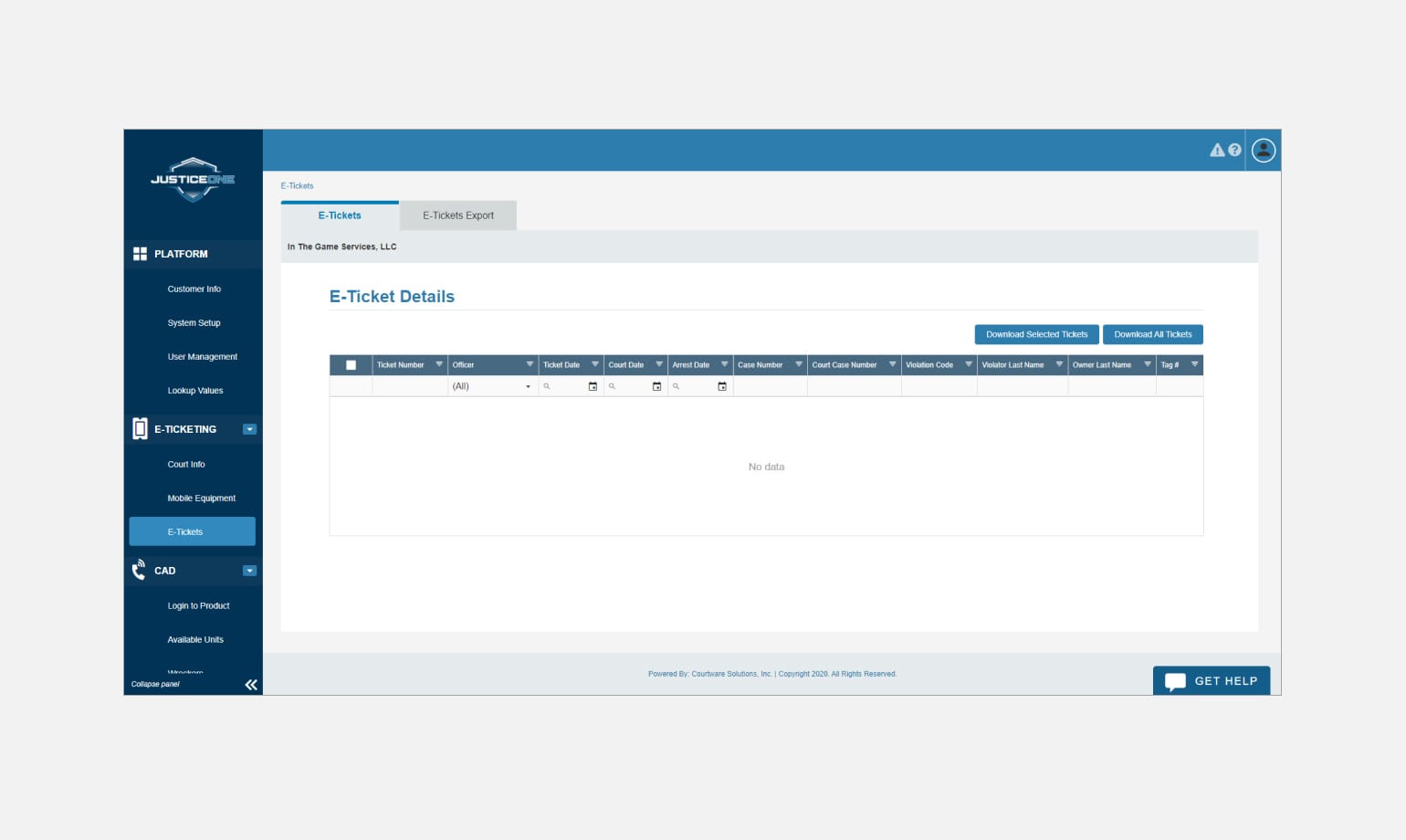 JusticeONE Call For Service project interface